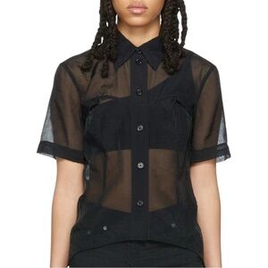 Helmut Lang Black Sheer Shirt - Black Button Up Organza Short Sleeve Shirt Top